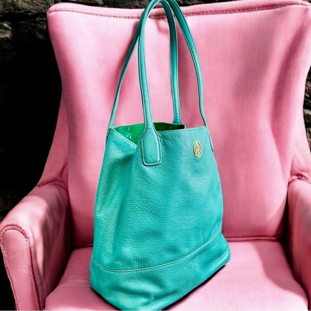 Tory Burch Aqua Turquoise Leather Michelle Tote - Picture 3 of 13